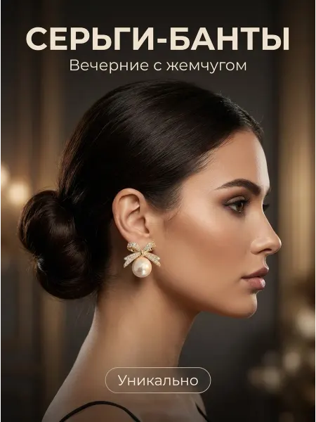 Серьги бантики с жемчугом вечерние свадебные бижутерия