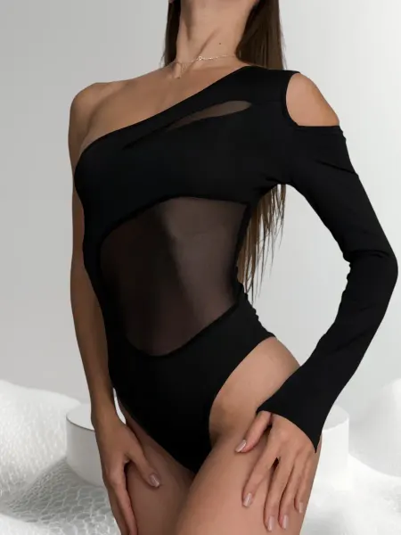 LUV BODY Боди женское с длинным рукавом вечернее в сетку