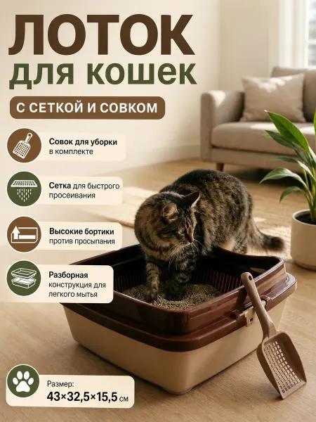 DDSTYLE кошачий лоток с высокими бортами большой с совком, кофейный