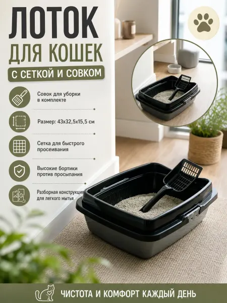 DDSTYLE кошачий лоток с высокими бортами большой с совком, черный