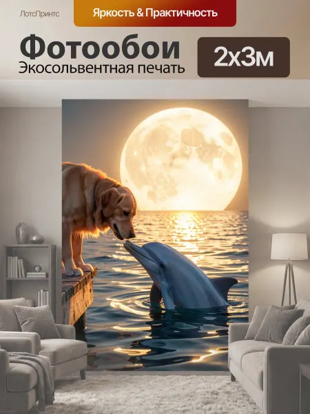 LotsPrints Фотообои "Собака и дельфин у пирса. Золотистый." 2x3м