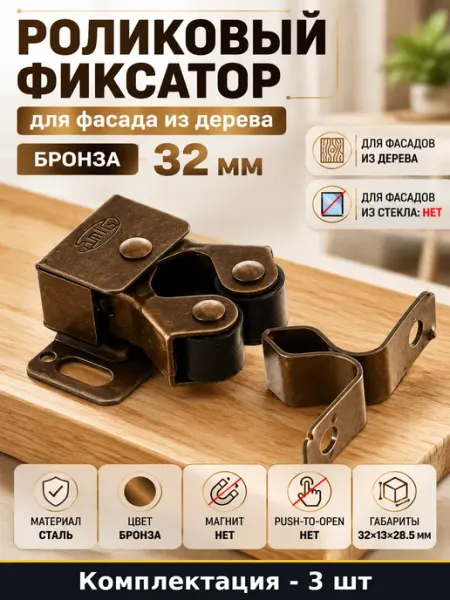 Фиксатор мебельный роликовый бронзовый для дерева сталь 3 шт
