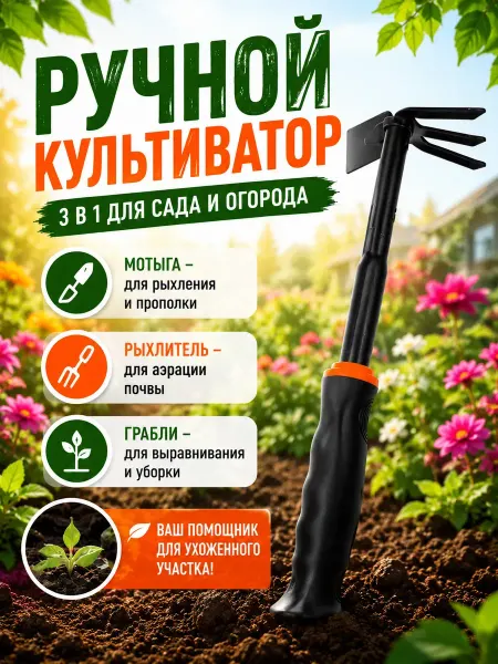 QwertyA Ручной культиватор 3в1 садовый рыхлитель мотыга
