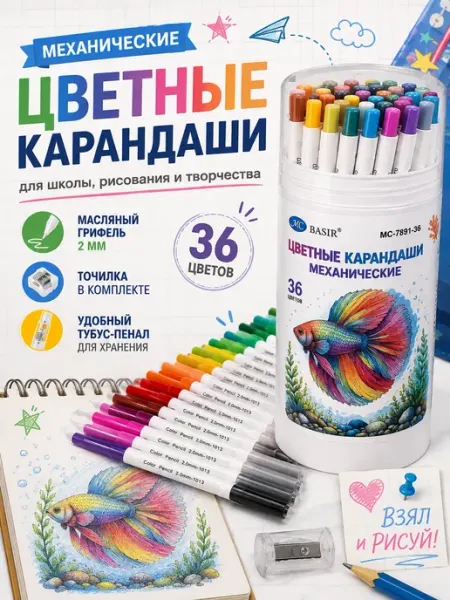 Ньюэра Карандаши цветные механические 36 цветов с точилкой в школу