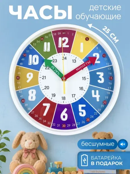 Часы настенные бесшумные детские круглые 25 см для декора, и