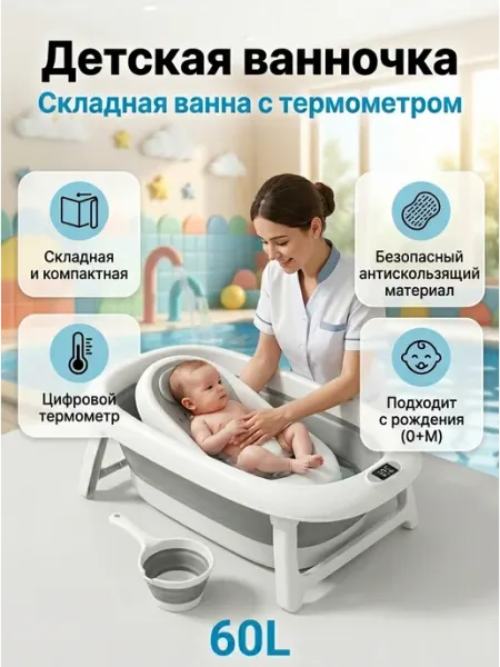 Honeybear Ванночка для купания новорожденных складная с термометром