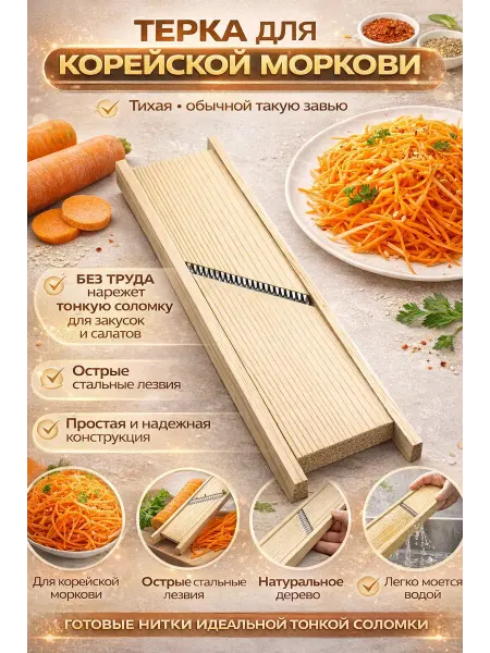 QwertyA Терка для корейской моркови деревянная, овощерезка ручная