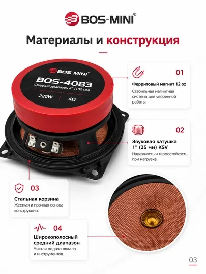 Среднечастотные динамики BOS-MINI BOS-4083, 4″, 110/220 Вт, 4 Ом, 2 шт - Колонки для авто