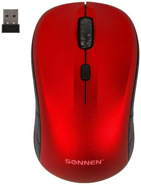 Мышь беспроводная SONNEN V-111, USB, 800/1200/1600 dpi, 4 кнопки, оптическая, красная, 513520
