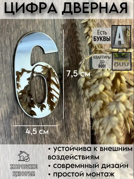Xopoшue цuфpы Цифра на дверь металлическая серебро 6