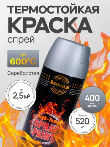 Asmaco Высокотемпературная авто краска спрей серебристая, 400 мл