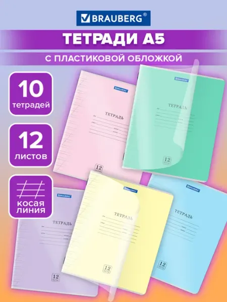 Brauberg Тетрадь в косую линейку 12 л для школы 10 шт обложка пластик