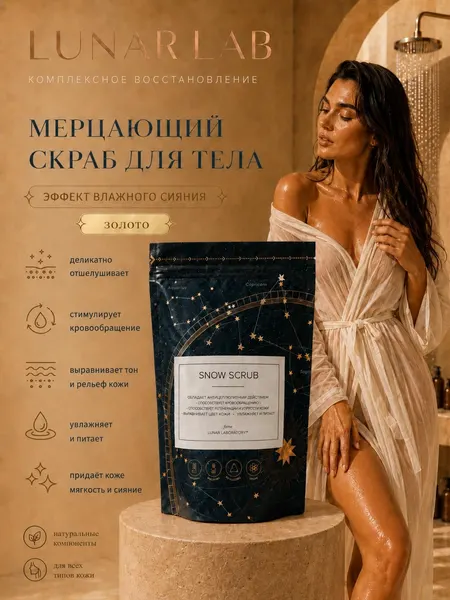 Lunar Lab, Натуральный сахарный скраб для тела с серебряным шиммером, антицеллюлитный. Пакет 250 грамм
