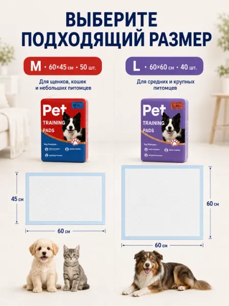 Пелёнки одноразовые для собак и кошек 60x45, 60x60 гигиенические, впитывающие - Пеленки и подгузники для животных