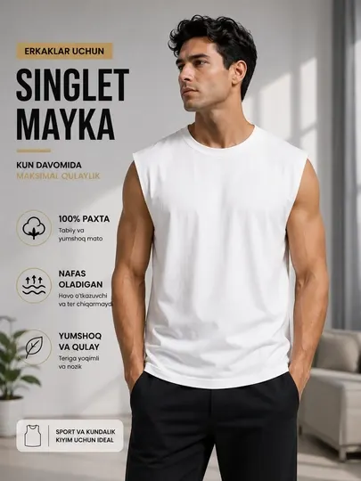 Мужской Singlet 100% хлопок белый, безрукавка, спортивная майка, дышащая, мягкая - Мужские майки