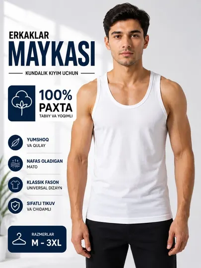 Мужская майка 100% хлопок белая, классическая, дышащая, мягкая, бельевая майка для спорта - Мужские майки