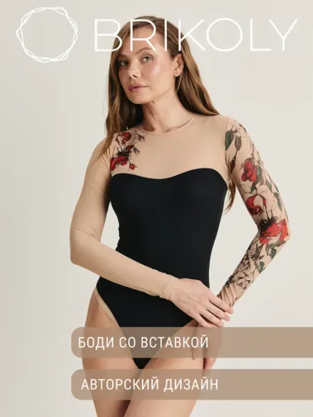 BRIKOLY Боди с тату рукавами вечернее "Розы"