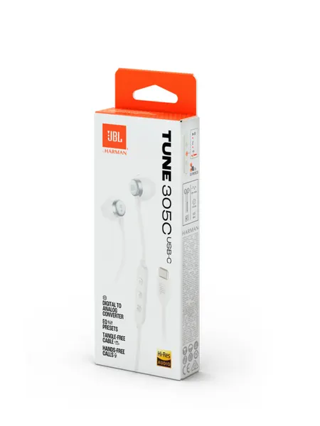 Наушники проводные JBL Tune 305C, внутриканальные, белые USB