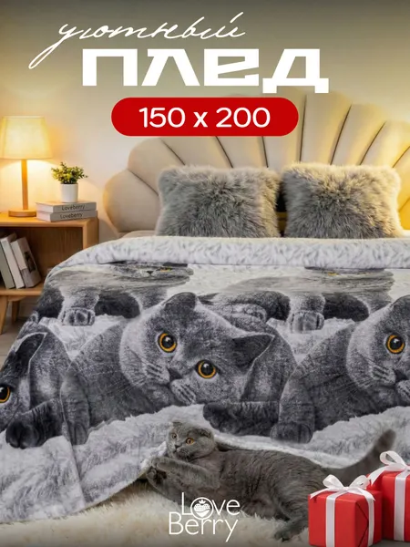 Плед 150х200 LOVEBERRY 1,5 спальный, плюшевый на диван, Британцы. Подарок маме