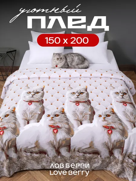 Плед 150х200 LOVEBERRY из велсофта, плюшевый на диван, кошки