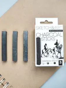 Уголь для рисования Bruno Visconti "SKETCH&ART" набор 3 шт (мягкий, средний, твердый) / Карандаши угольные простые разной твердости профессиональные для рисования, скетчинга, графики