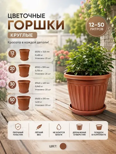 Круглые пластиковые цветочные горшки большого объема 12, 20, 30 и 50 литров - Горшки и подставки для растений