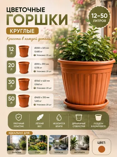 Круглый пластиковый горшок 12, 20, 30 и 50 литров - Горшки и подставки для растений