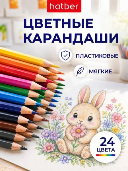 Карандаши цветные для рисования мягкие пластиковые 24 штуки Hatber