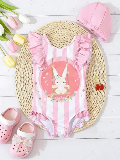 Детский слитный купальник «Sweet Bunny», в комплекте с шапочкой