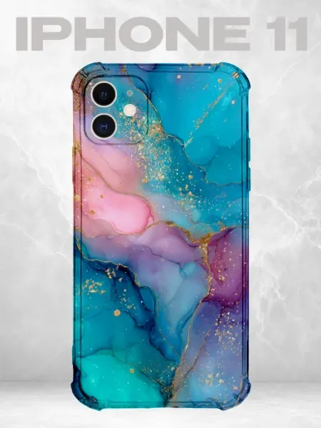 Чехол на iPhone 11 мрамор бирюзово-розовый PRINTberries