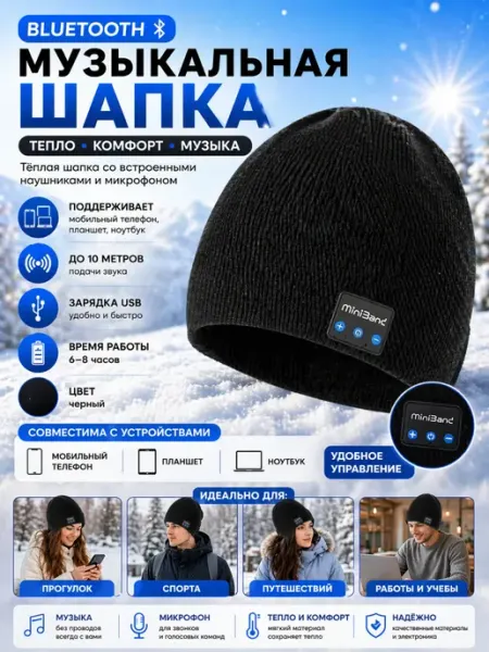 Шапка с Bluetooth наушниками музыкальная зимняя шапка ЛАКА