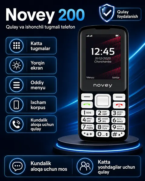Кнопочный мобильный телефон NOVEY 200, цветной экран 2.4 дюйма, 2 SIM-карты, зарядка Type-C