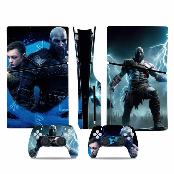 Наклейка виниловая защитная на игровую консоль Sony PlayStation 5 Slim Disc Edition, God of War Кратос, 0546 полный комплект с геймпадами