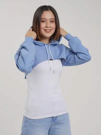 Укороченное худи с топом, cпортивная кофта синего цвета, с капюшоном и белая футболка