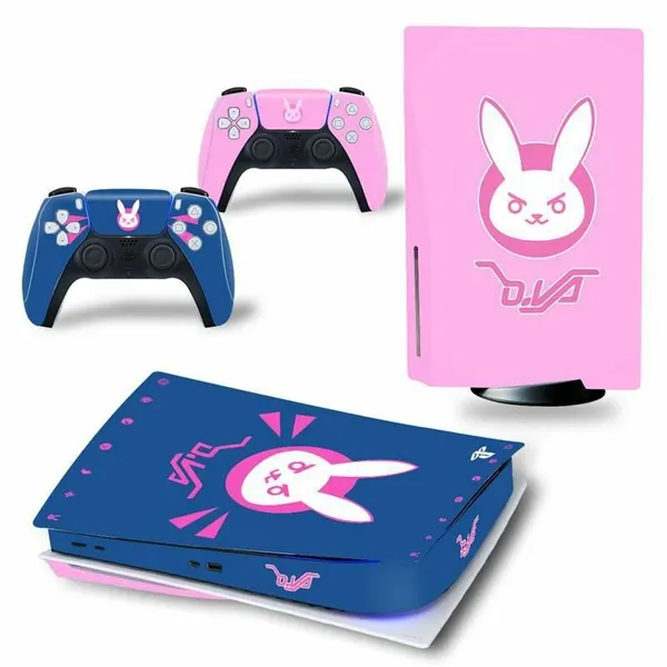 Наклейка виниловая защитная на игровую консоль Sony PlayStation 5 Fat Disc Edition, Овервотч Dva-3, полный комплект с геймпадами