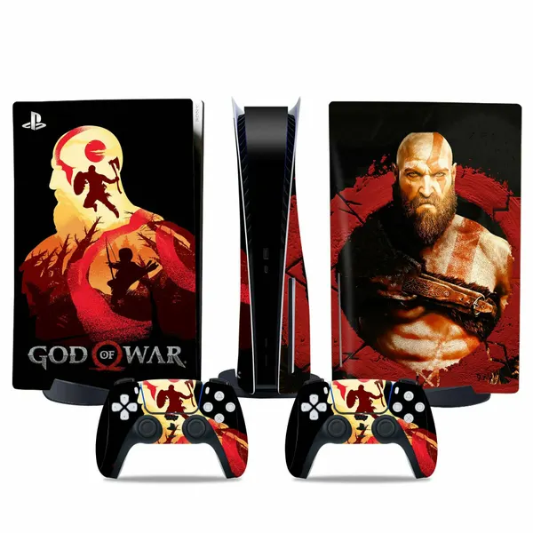 Наклейка виниловая защитная на игровую консоль Sony PlayStation 5 Fat Disc Edition, God Of War-1, полный комплект с геймпадами