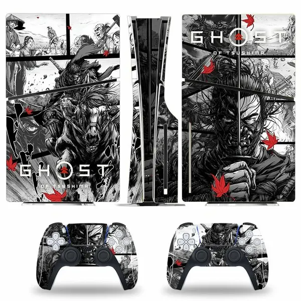 Наклейка виниловая защитная на игровую консоль Sony PlayStation 5 Slim Disc Edition, Ghost of Tsushima, полный комплект с геймпадами