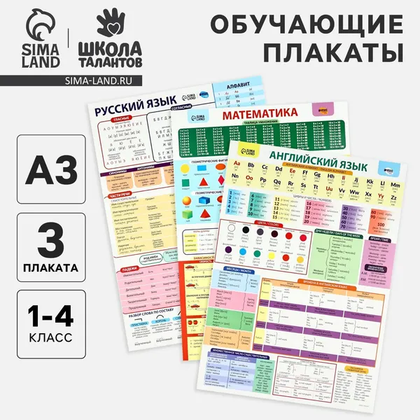 Набор обучающих плакатов «Русский язык, математика и английский язык 1-4 класс» 3 в 1, А3