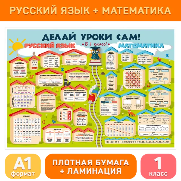 Обучающий плакат А1 «Русский язык и математика (1 класс)» для начальной школы, Делай уроки сам!