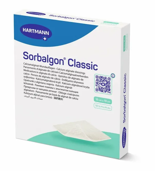 Повязка Сорбалгон Классик (Sorbalgon Classic) 10х10см, из волокон кальция-альгината для экссудирующих и кровоточащих ран, 999013 (Поштучно (1 штука))