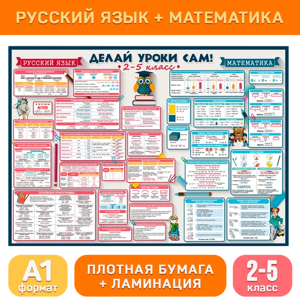 Обучающий плакат А1 «Русский язык и математика (2-5 класс)» для начальной школы, Делай уроки сам!