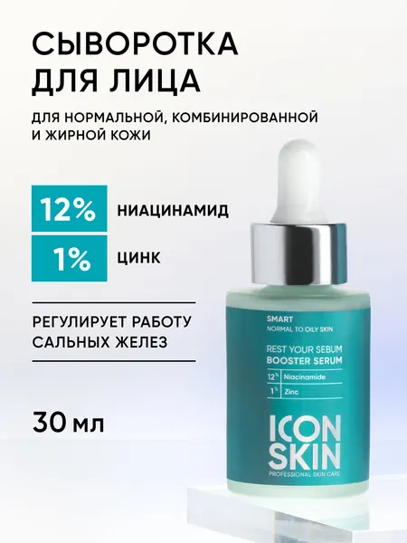 Сыворотка-концентрат с ниацинамидом cеборегулирующая с противовоспалительный эффектом ICON SKIN, 30 мл
