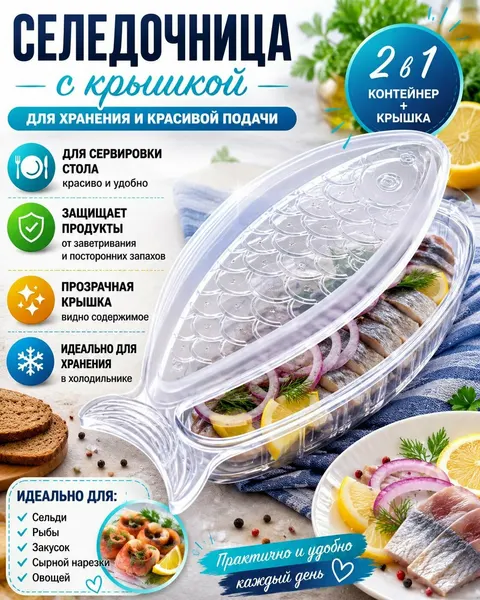 Селедочница с крышкой 30 см, большая, пищевой прозрачный пластик.