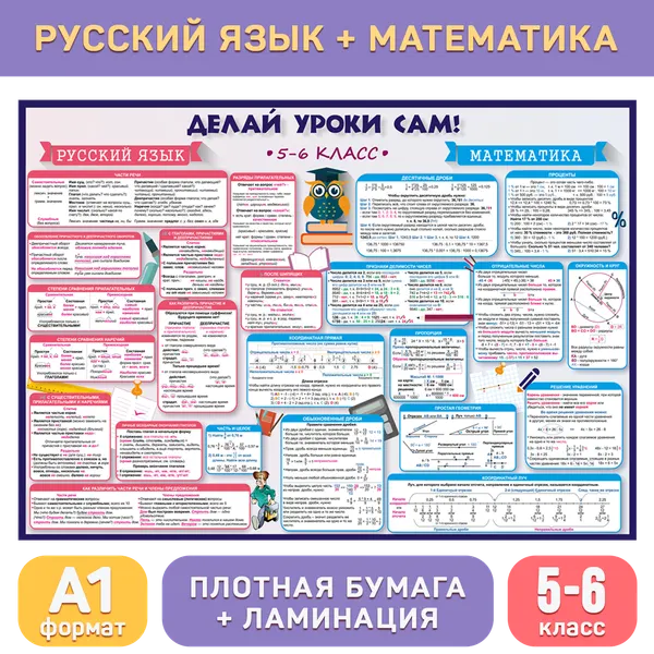 Обучающий плакат А1 «Русский язык и математика (5-6 класс)» для средней школы, Делай уроки сам!