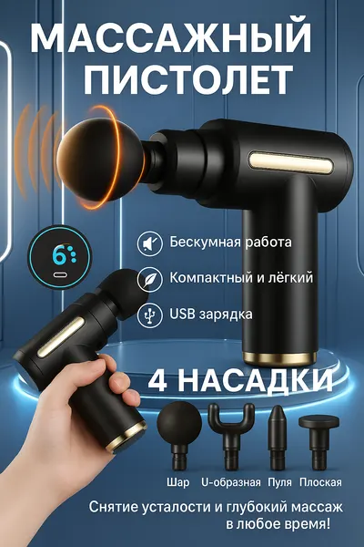 Мини массажный пистолет Massage gun, бесшумный, 6 режимов, USB Type-C. Grey