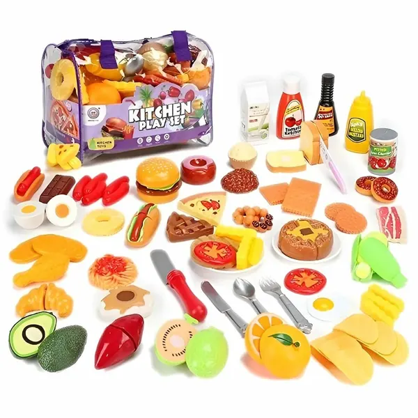 Игровой набор игрушечных пластиковых продуктов 71 предмет для девочек, овощи и фрукты на липучках, ножи и посуда в сумке