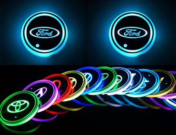 Светодиодная подсветка в автомобильные подстаканники с логотипом марки автомобиля FORD, комплект 2 шт.