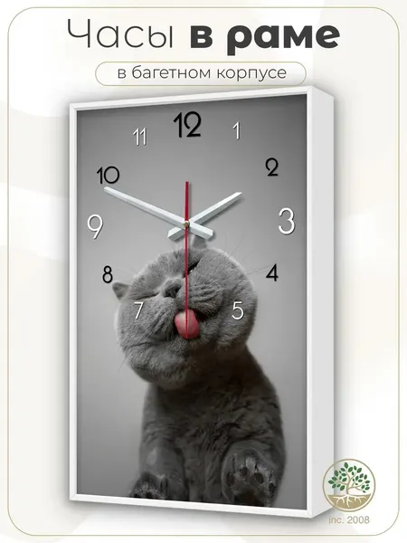 Настенные часы Topposters "Кот"в белой раме, бесшумные, 35x57 см