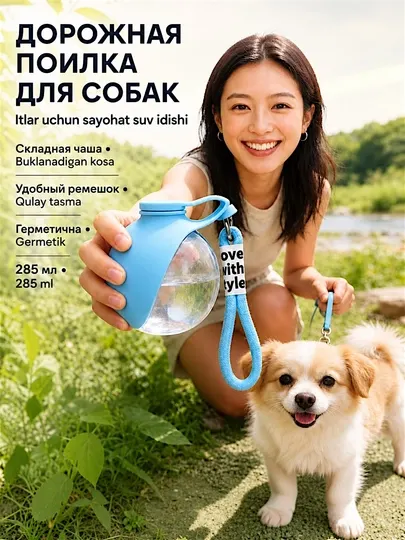 Дорожная, портативная поилка для собак 285 мл, складная бутылка с чашей и ремешком - Посуда