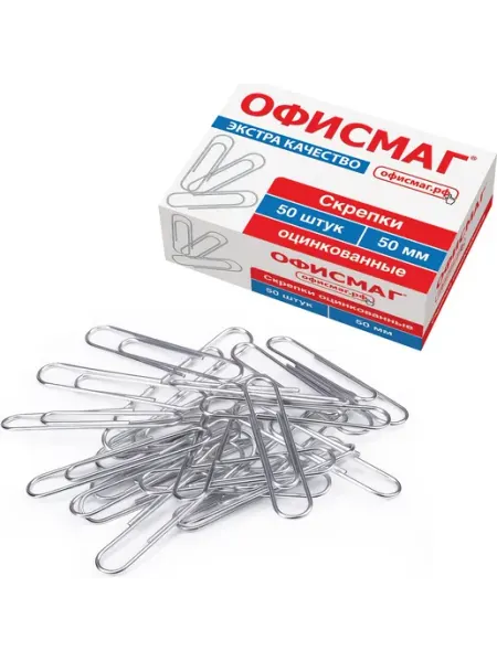 Скрепки ОФИСМАГ Экстра большие, 50 мм, оцинкованные, 50 шт
